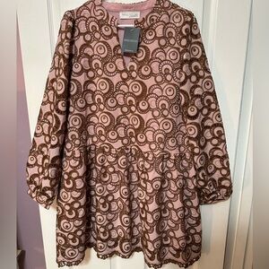 IMPRESSIONS Large NWT Fifth Avenue Embroidered Mini Dress Blush With Brown